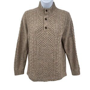 Brooks Brothers Fisherman Cable Knit Wool Button Neck Sweater Top Pullover Tan